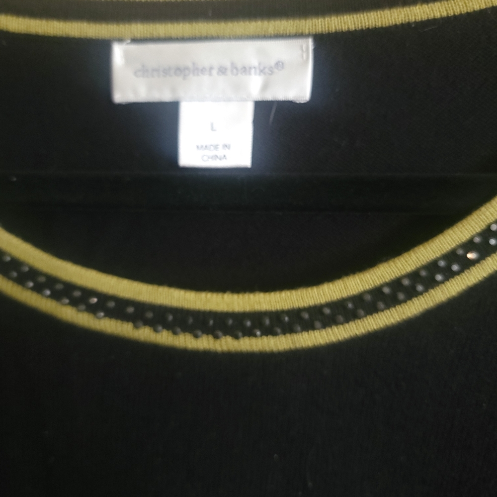 Misses Sz L Christopher & Banks Black Sweater Beaded With Green Trim - Picture 4 of 7